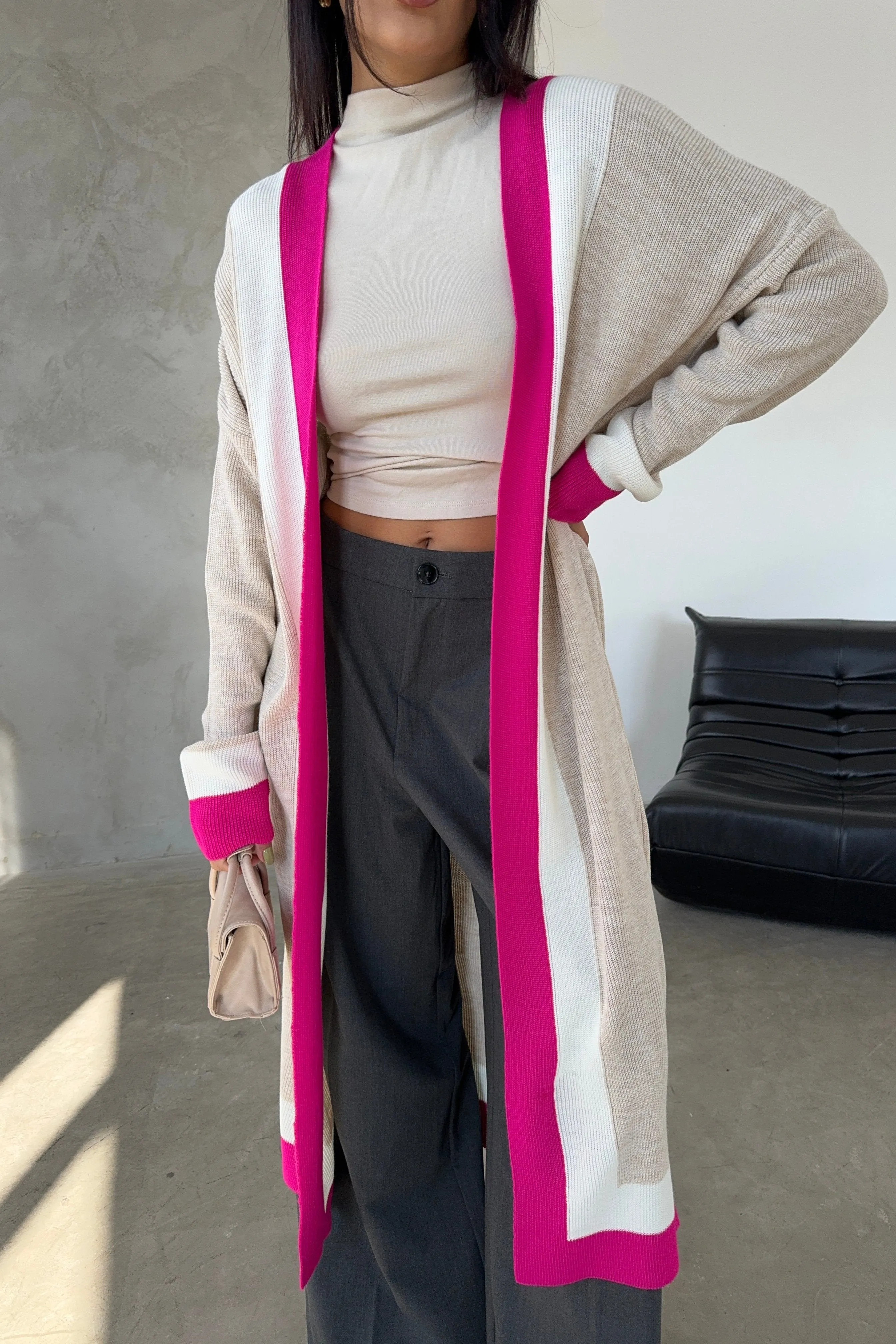 Beige & Fuchsia Color Block Longline Knit Cardigan