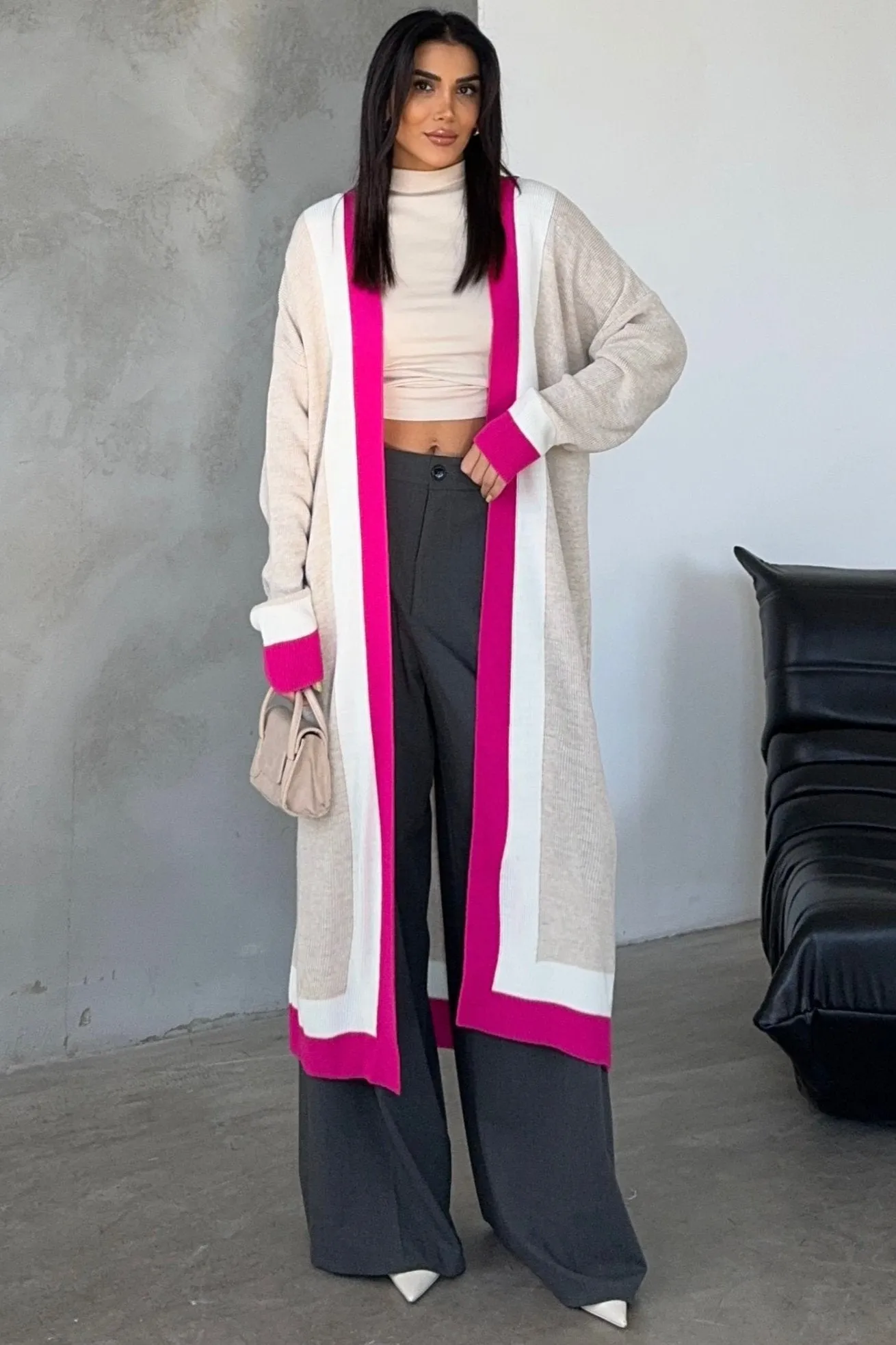Beige & Fuchsia Color Block Longline Knit Cardigan