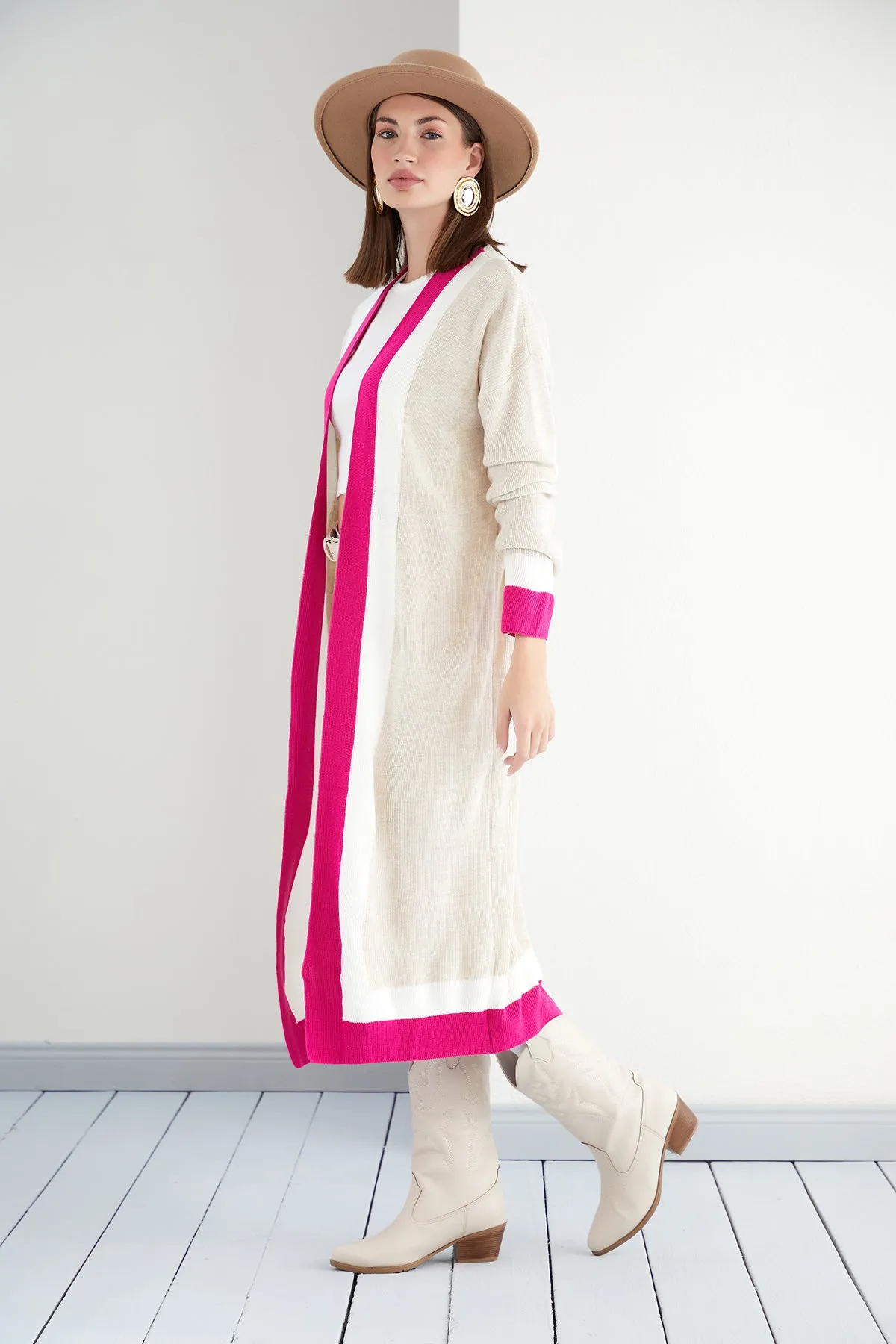 Beige & Fuchsia Color Block Longline Knit Cardigan