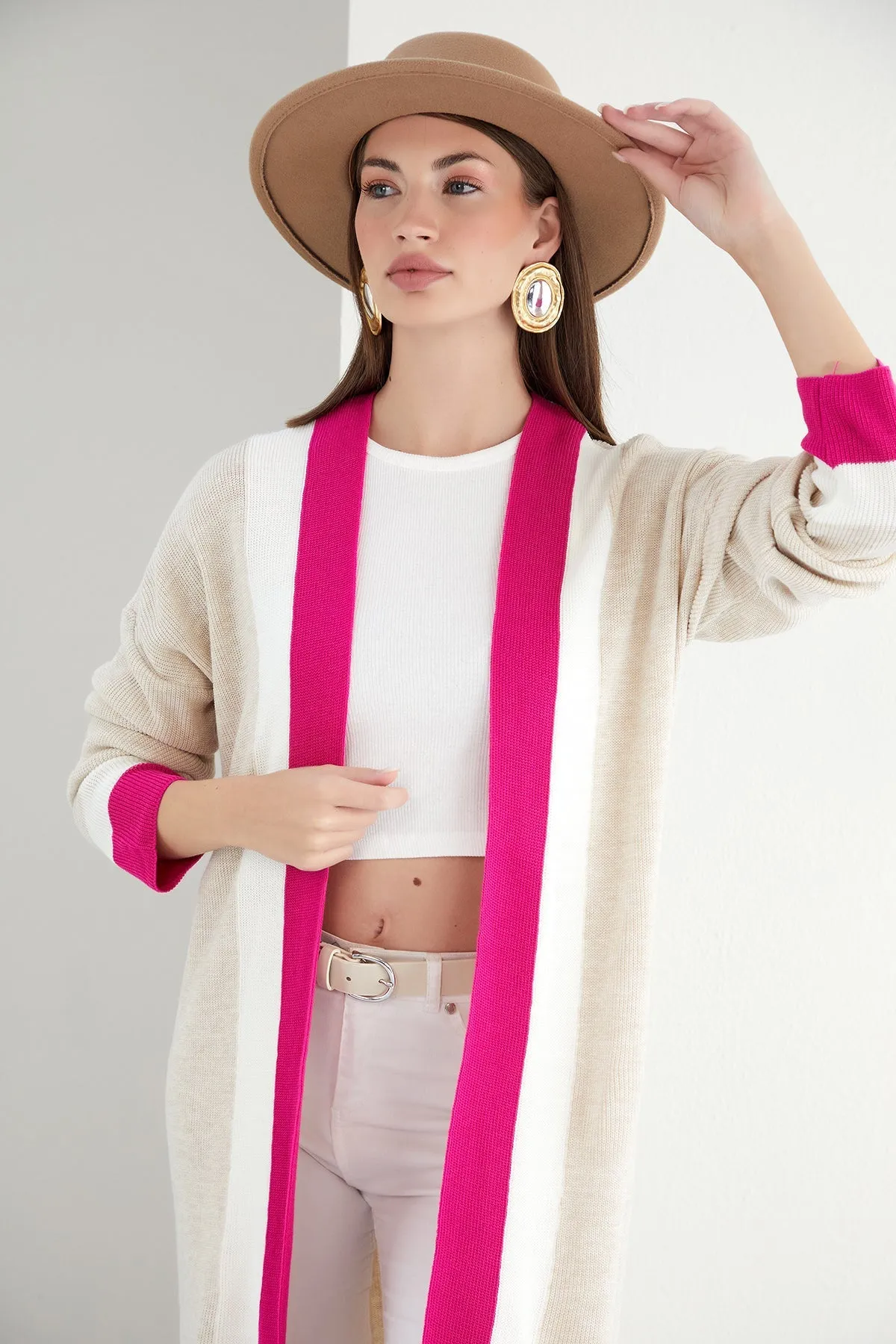 Beige & Fuchsia Color Block Longline Knit Cardigan
