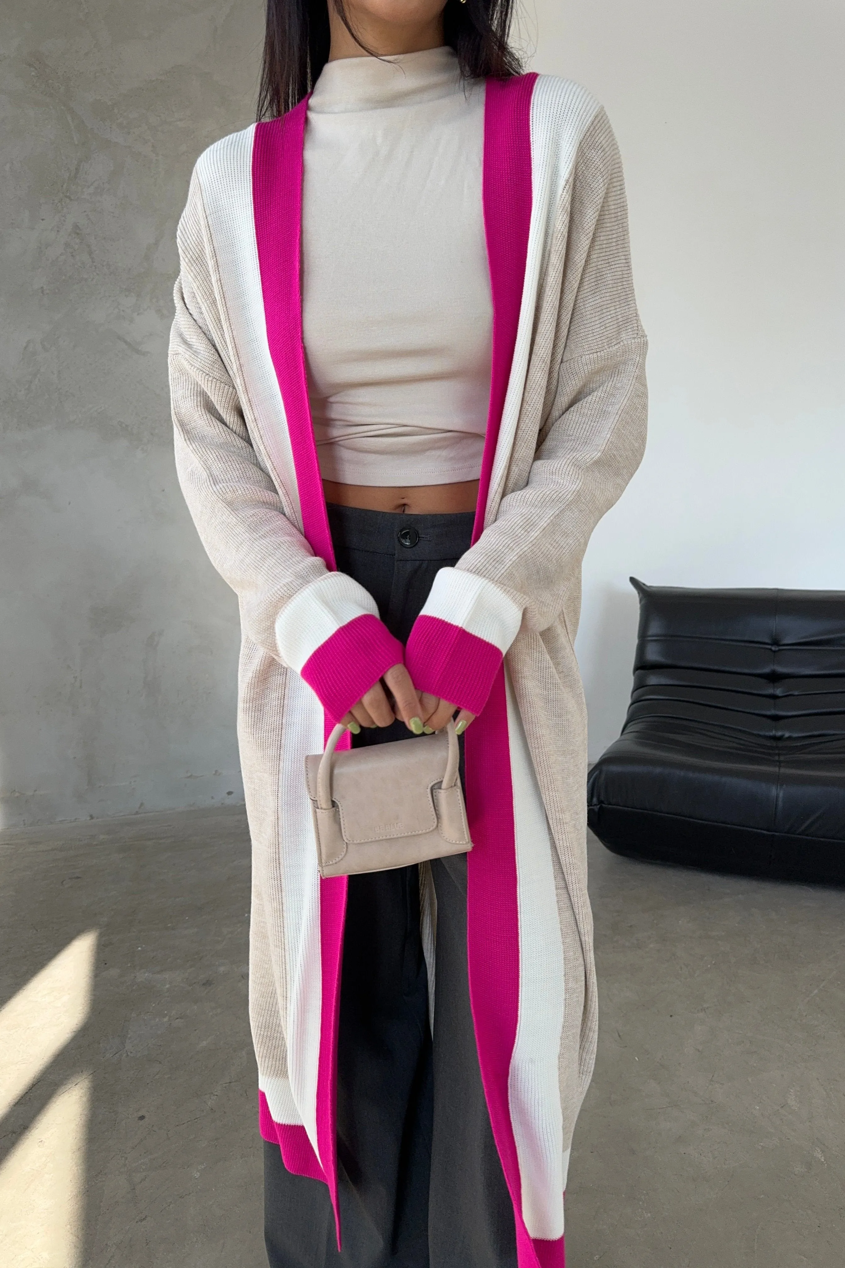 Beige & Fuchsia Color Block Longline Knit Cardigan