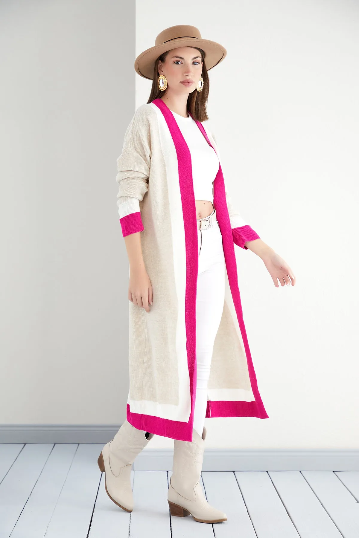 Beige & Fuchsia Color Block Longline Knit Cardigan