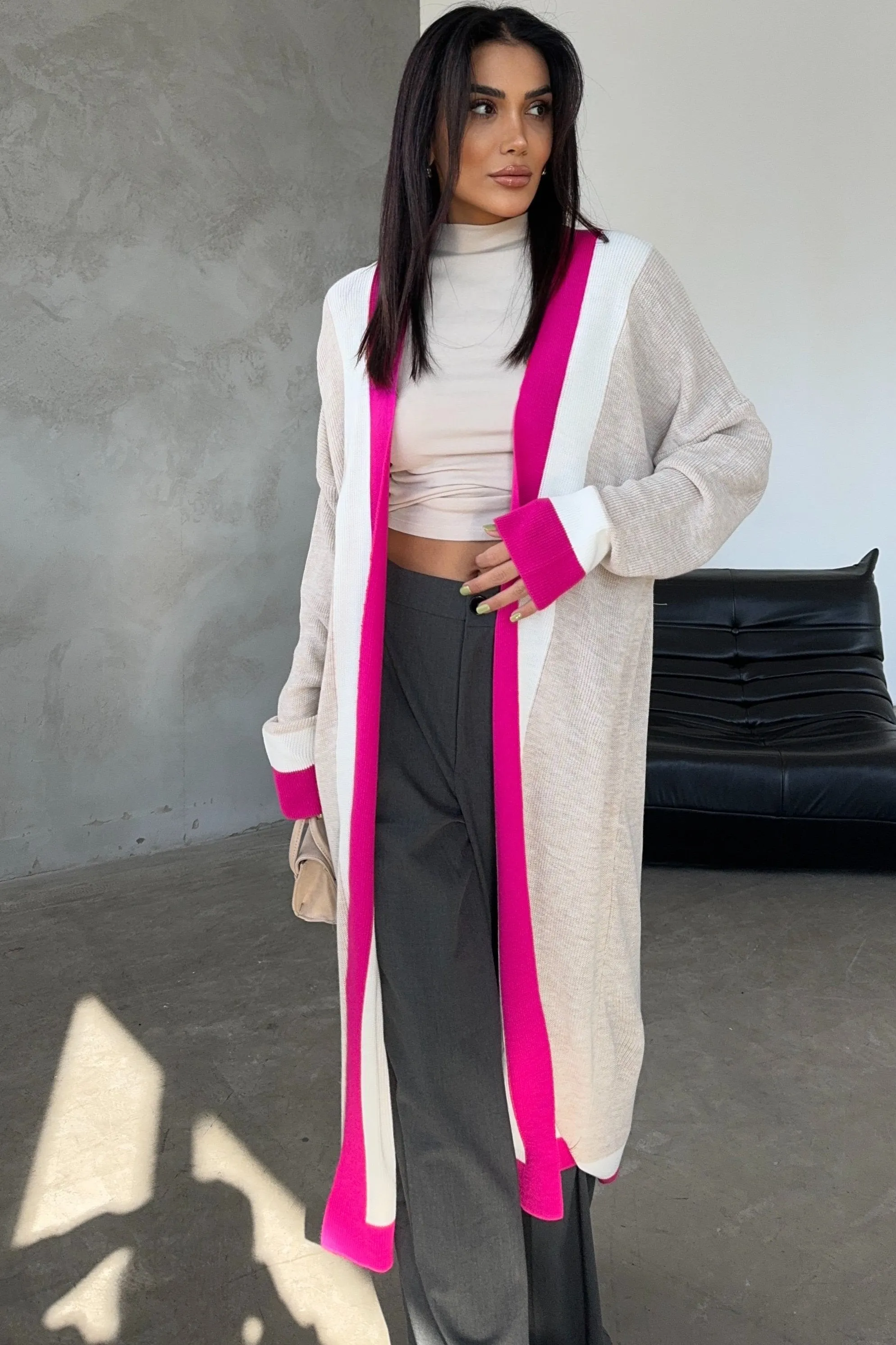 Beige & Fuchsia Color Block Longline Knit Cardigan