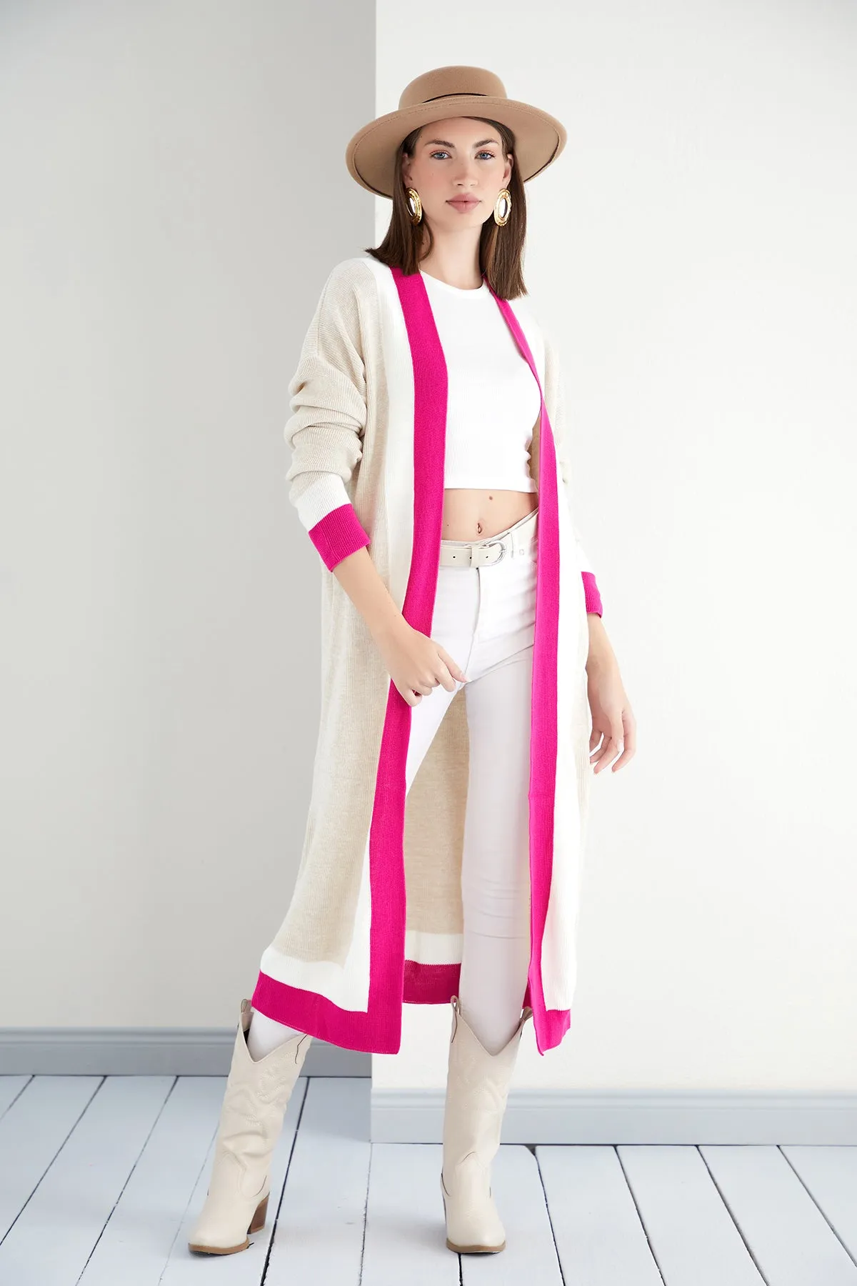 Beige & Fuchsia Color Block Longline Knit Cardigan