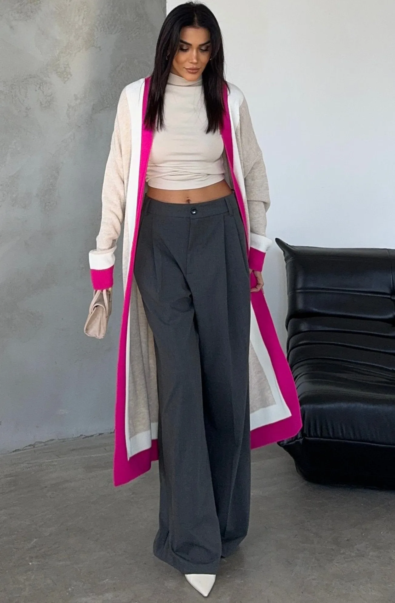 Beige & Fuchsia Color Block Longline Knit Cardigan