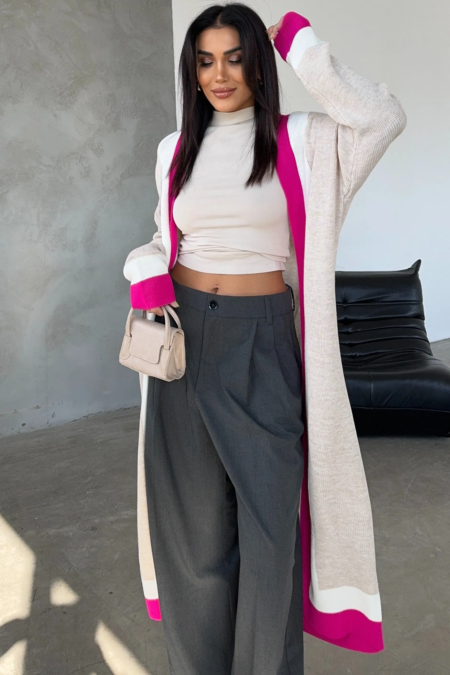 Beige & Fuchsia Color Block Longline Knit Cardigan