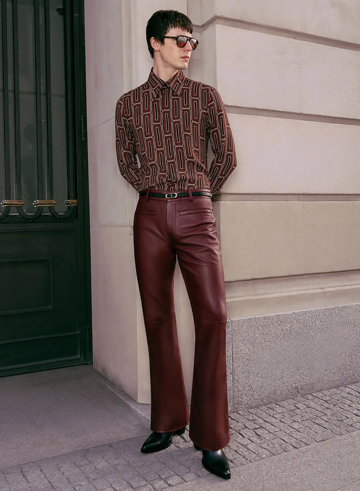 Burgundy Leather Flared Trousers