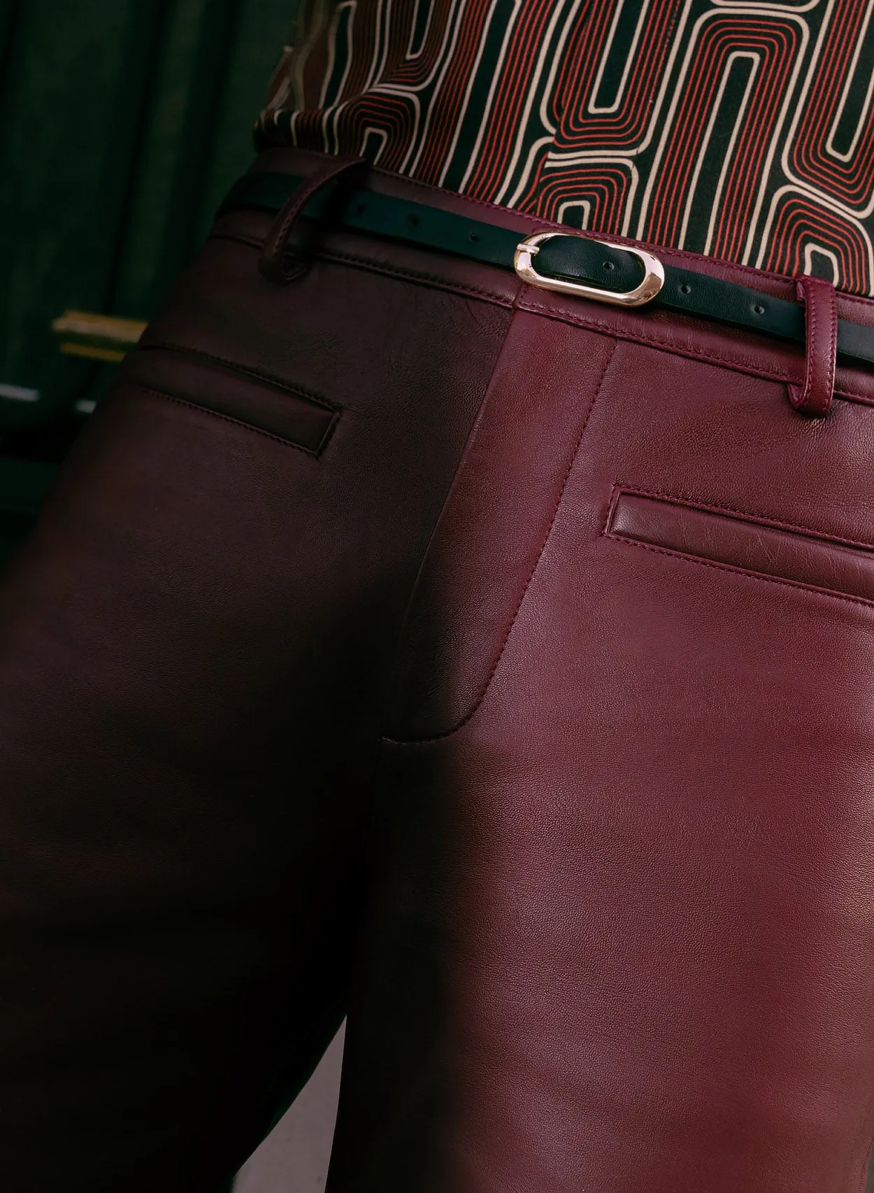 Burgundy Leather Flared Trousers