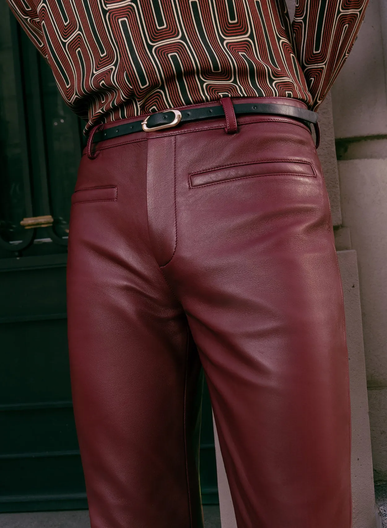 Burgundy Leather Flared Trousers