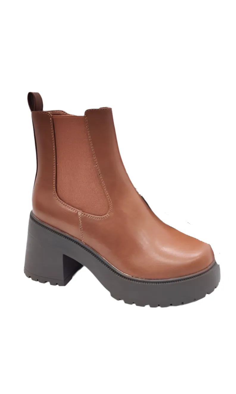DECLAN Brown Vegan Leather Lug Sole Chunky Heel Bootie Boot Shoe