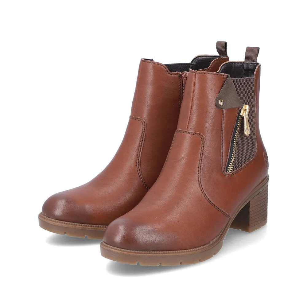 Ladies Rieker Ankle Boots Brown Leather Medium Heel Gusset 77550-22
