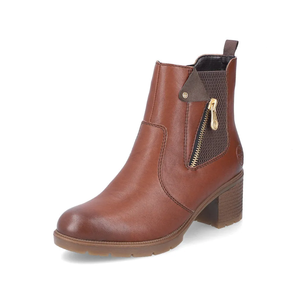 Ladies Rieker Ankle Boots Brown Leather Medium Heel Gusset 77550-22