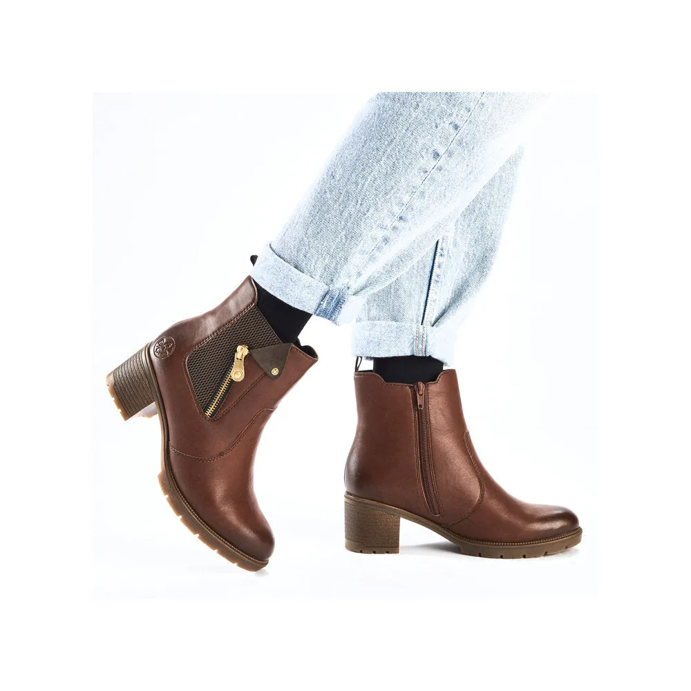 Ladies Rieker Ankle Boots Brown Leather Medium Heel Gusset 77550-22