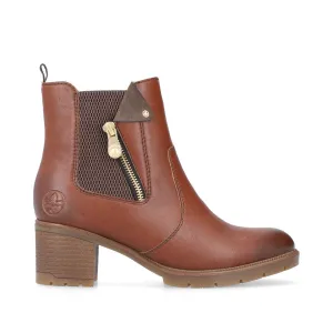 Ladies Rieker Ankle Boots Brown Leather Medium Heel Gusset 77550-22