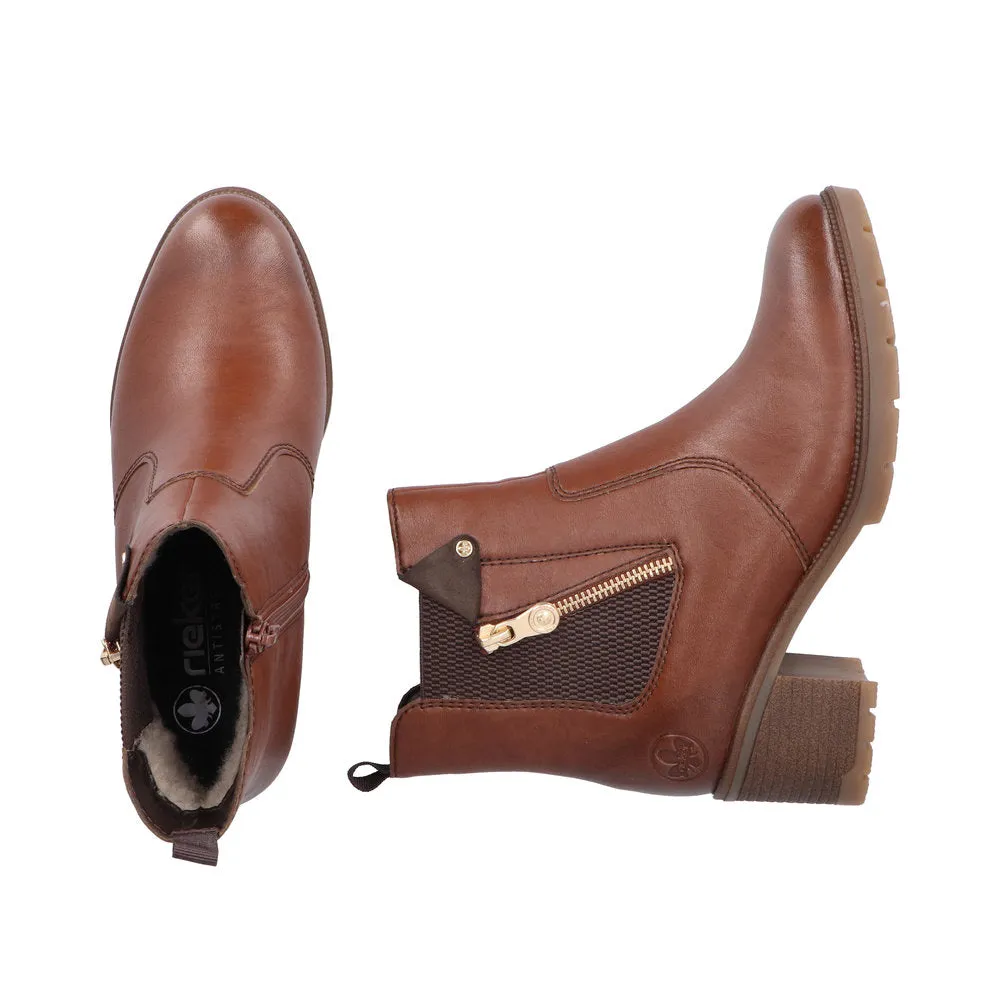 Ladies Rieker Ankle Boots Brown Leather Medium Heel Gusset 77550-22