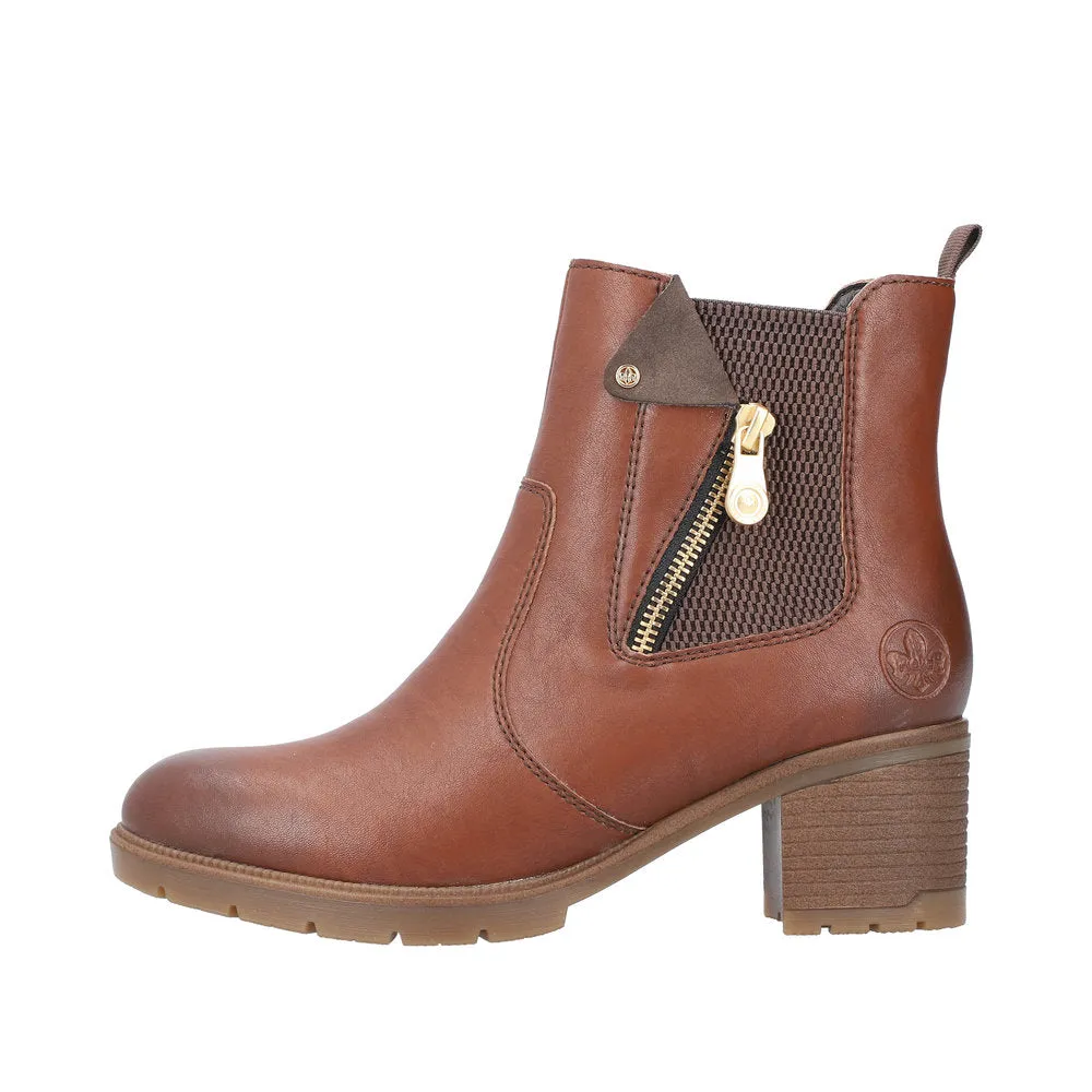 Ladies Rieker Ankle Boots Brown Leather Medium Heel Gusset 77550-22