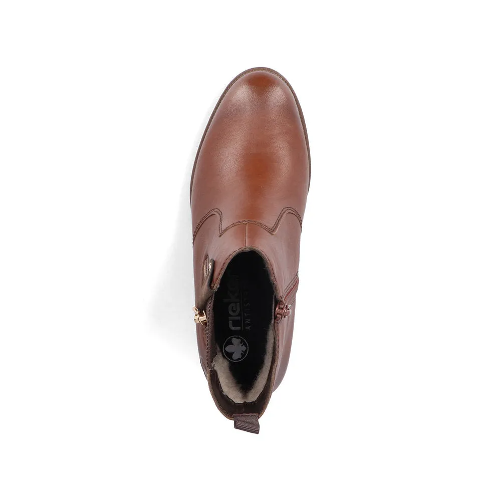 Ladies Rieker Ankle Boots Brown Leather Medium Heel Gusset 77550-22