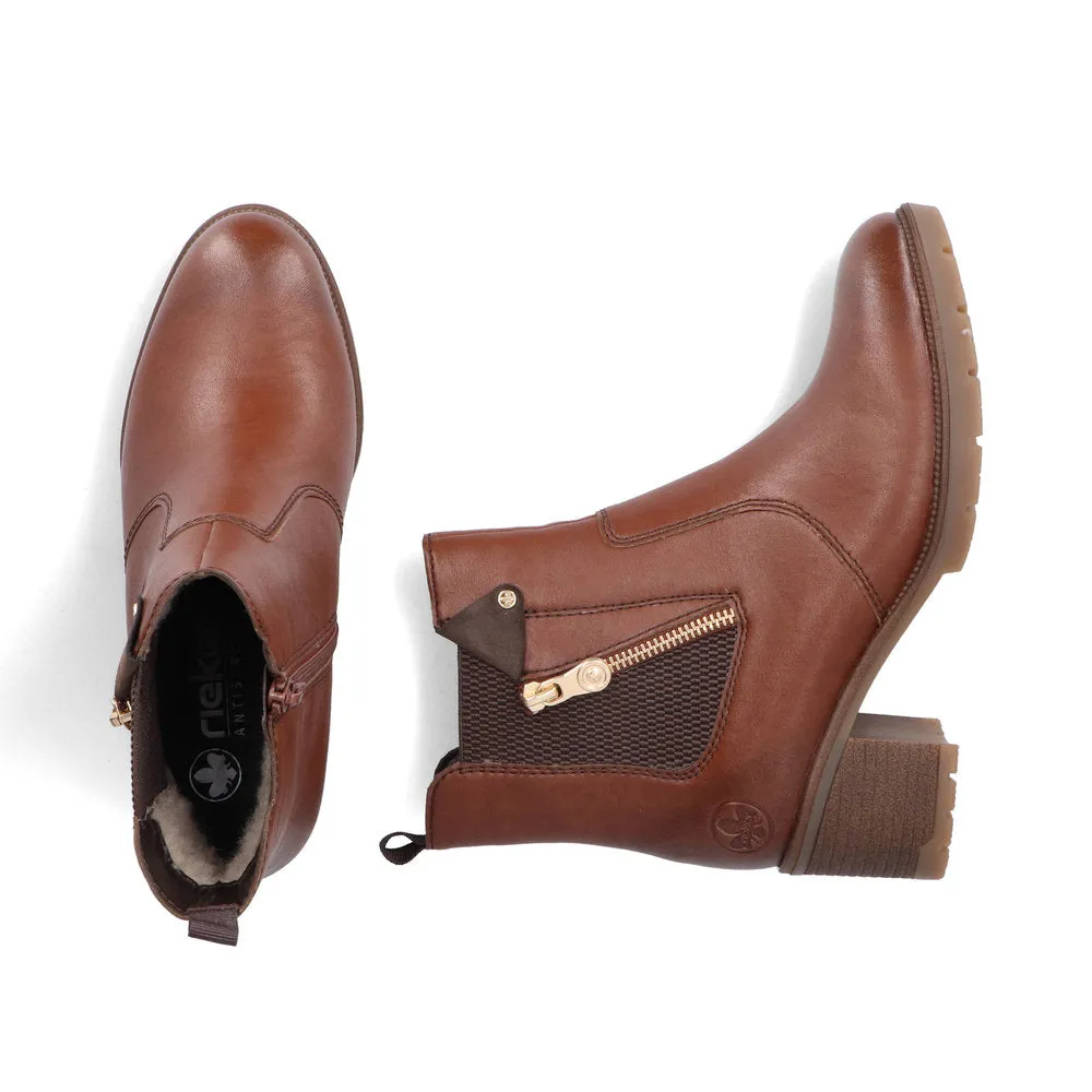 Ladies Rieker Ankle Boots Brown Leather Medium Heel Gusset 77550-22