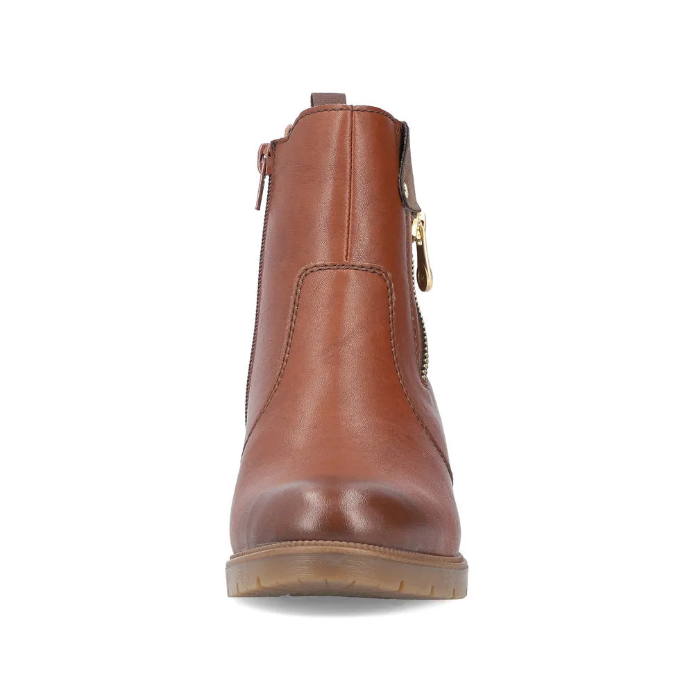 Ladies Rieker Ankle Boots Brown Leather Medium Heel Gusset 77550-22