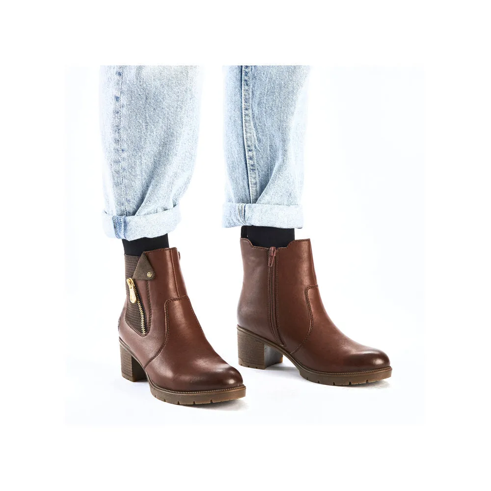 Ladies Rieker Ankle Boots Brown Leather Medium Heel Gusset 77550-22