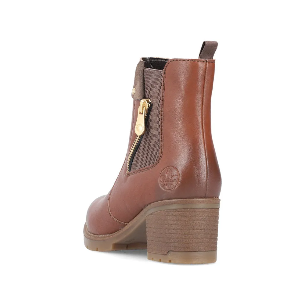 Ladies Rieker Ankle Boots Brown Leather Medium Heel Gusset 77550-22