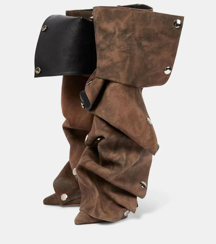 Punk Style Knee Length Pleated Rivet Western Cowboy Boots