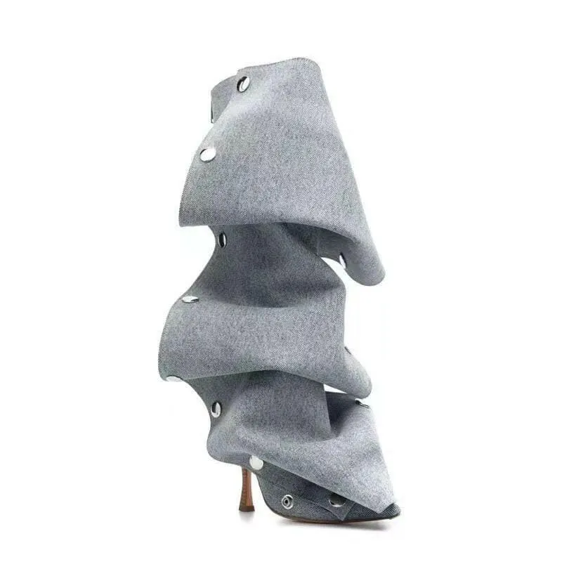 Punk Style Knee Length Pleated Rivet Western Cowboy Boots