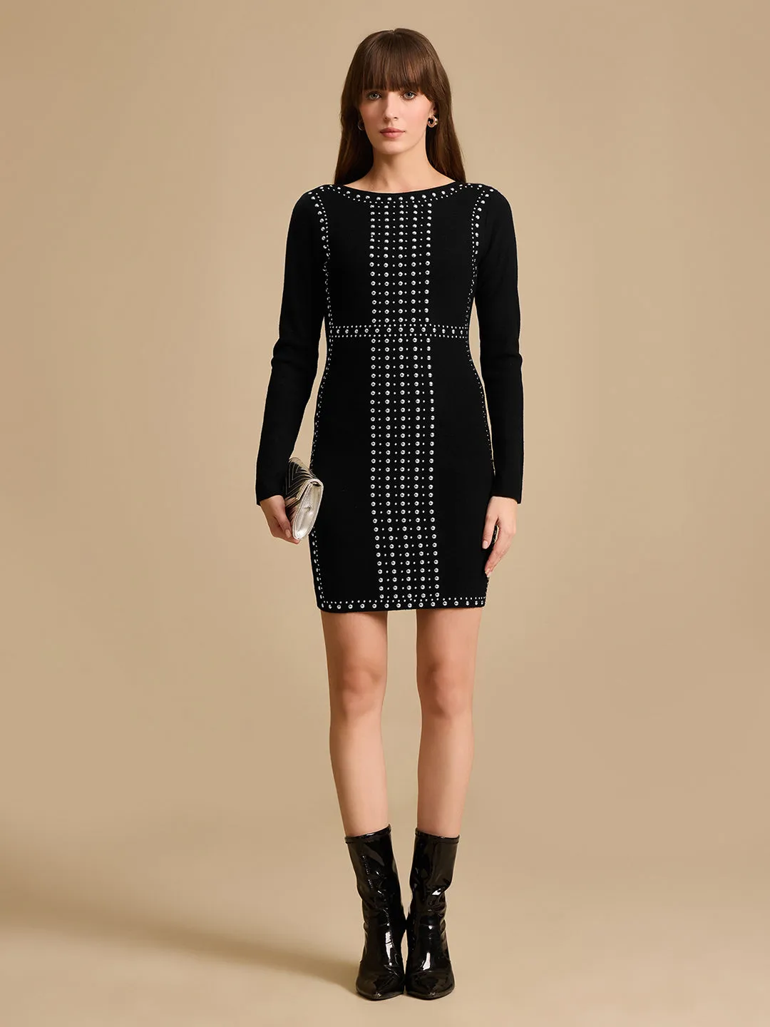 Studded Knitted Winter Mini Dress