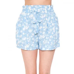 Women's Monotone Floral Print Tie-Front High Paperbag Waist Woven Pull-On Shorts