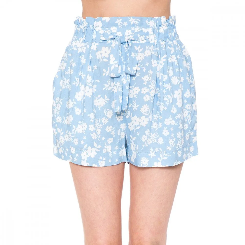 Women's Monotone Floral Print Tie-Front High Paperbag Waist Woven Pull-On Shorts